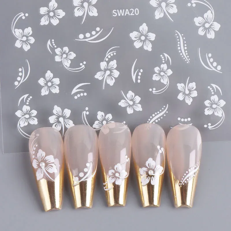 Autocollant ongles fleur d'hibiscus rose et blanc