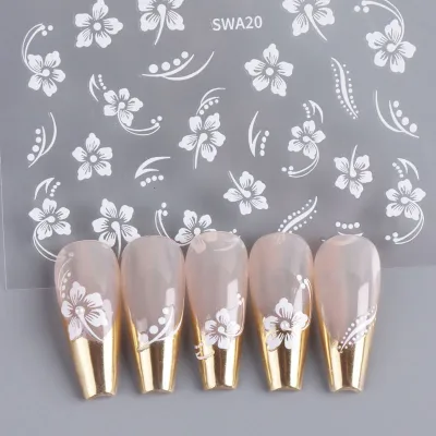 Autocollant ongles fleur d'hibiscus rose et blanc