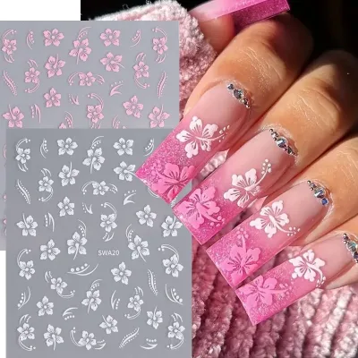 Autocollant ongles fleur d'hibiscus rose et blanc – image 2