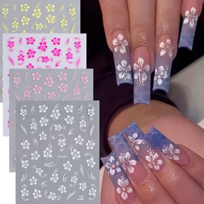 Autocollant ongles fleur d'hibiscus rose et blanc – image 3