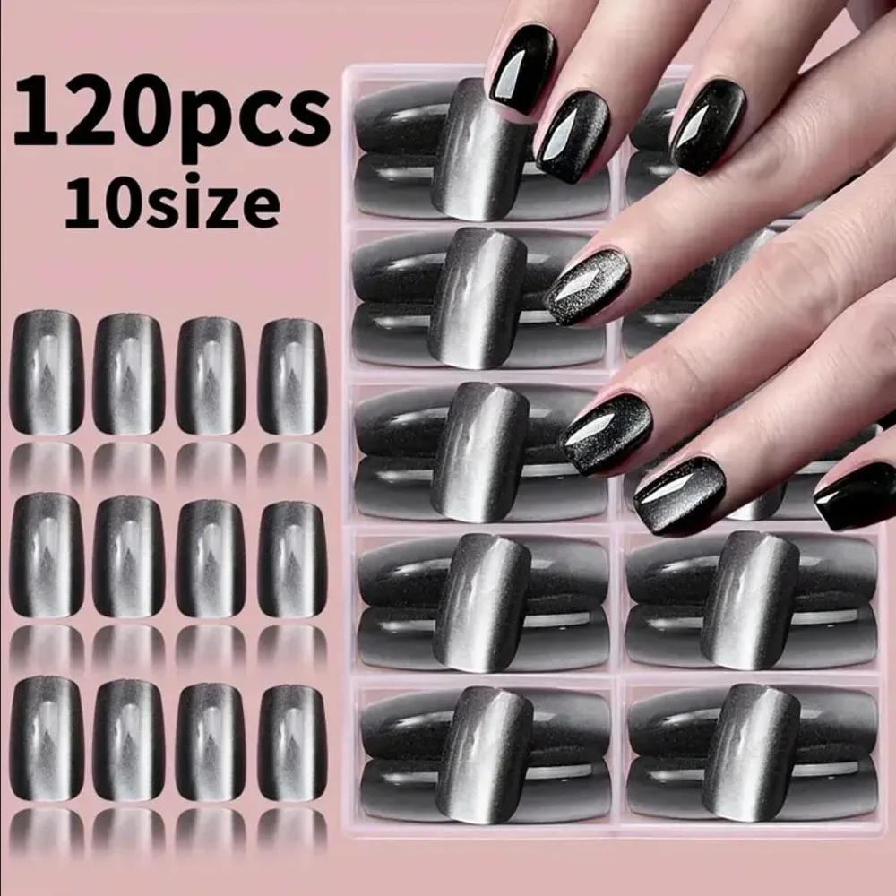 Faux ongles œil de chat noirs courts carrés
