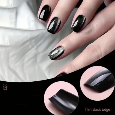 Faux ongles œil de chat noirs courts carrés – image 2