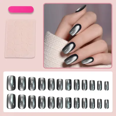 Faux ongles œil de chat noirs courts carrés – image 3
